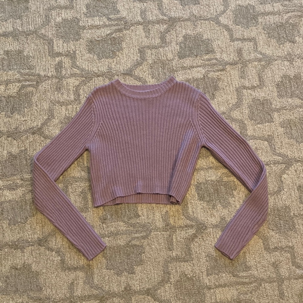 Purple Ribbed Knit Cropped Sweater